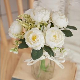 Decorative Flowers 27cm Silk Peony Bouquet White Pink Artificial Roses Fake 7 Big Heads Wedding Bridal Handheld Home Table Decor