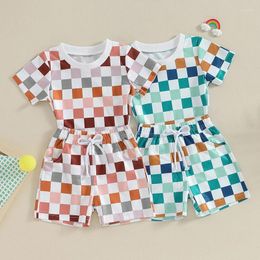 Clothing Sets 2024 Summer Toddler Baby Clothes Short Sleeve Crewneck Tops And Checkerboard Print Shorts Suit For 0-3Y Infant Boy Casual