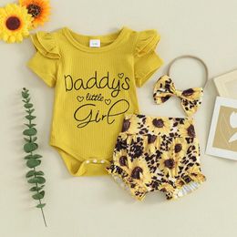 Clothing Sets Toddler Kids Baby Girls Clothes Short Sleeve Letters Print Romper With Flower Shorts And Hairband Summer Outfits