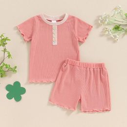 Clothing Sets 1-5years Girl Summer Outfit Ribbed Button Front Short Sleeve Tops With Elastic Waist Solid Color Shorts Set For Girls