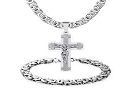 6mm Necklace 22039039 24039039 Chain Silver Gold Jesus Cross Pendant Bracelet Set Mens Stainless Steel Jewelry26822667256