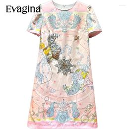 Casual Dresses Evagina French Print Diamond Inlay SequinsSlim Mini Dress 2024 Spring Summer Women's Short Sleeved Holiday