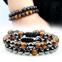 2pcs Hematite Tiger Eye Beads Strands Bracelets Handmade Adjustable Men Health Protection Energy Stones Couple Distance Bangles Jewelry 283Z