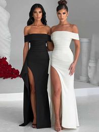 Runway Dresses Mozision Off-shoulder Ruffled Thigh High Split Maxi Dress For Women Slash Neck Backless Bodycon Sexy Party Evening Dress Elegant T240518