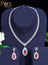 Earrings Necklace Pera Classic Flower Bridal Wedding Party Jewellery Set CZ Stone Big Red Water Drop Pendant Sets For Women J01832493510