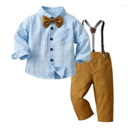 Clothing Sets Autumn Boy Long Sleeve Cotton Plaid Shirt Children's Suspender Pants Two-Piece Kids Suit Dress