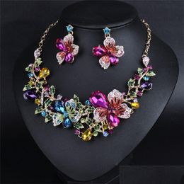 Earrings & Necklace Designer Diamond Jewellery Sets Crystal Flower Stud Set Fashion Alloy Exaggerated Women Girl Statement Drop Deliver Dhire