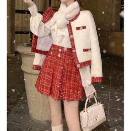 Work Dresses Winter Christmas Women Red Matching Set Sweet Faux Fur Coat Mini Plaid Pleated Skirt 2PCS Lolita Y2k Party Club Outfits