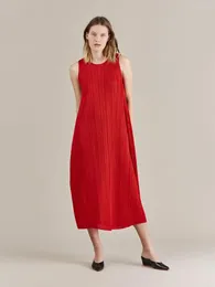 Casual Dresses Miyake Pleated Sleeveless Round Neck Long Loose Swing Dress 2024 Korean Fashion Women's Plus Size Vest