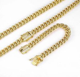 Gold Filled Studded Diamond Men Women Cuban Chain Necklace Bracelets Stainless Steel Hip Hop Iced Out Bling Jewellery Double Safety 9632266