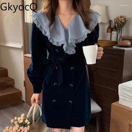 Casual Dresses GkyocQ Korean Chic Fall Women Dress French Temperament Lace Spliced Lapel Collar Double-breasted Waist Slim Long-sleeved