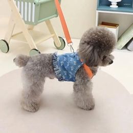 Dog Collars Towable Denim Chest Back Blue Butterfly Print Tank Top With Traction Rope Harness For Dogs Cats