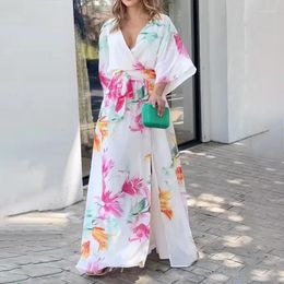 Casual Dresses Ladies Loose Maxi Dress V-neck Bat Sleeve Lace-up Slim Fashion Floral Printing Autumn Spring Women Vestidos