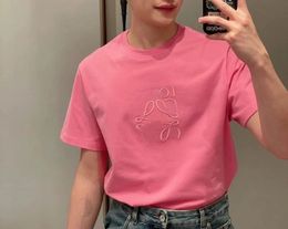 2024 Spring/summer Three-dimensional Embroidery Rose Pink Round Neck T-shirt for Men and Women