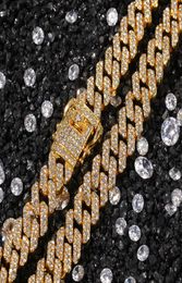12MM Miami Cuban Link Chain Necklace Bracelets Set For Mens Hip Hop Bling iced out diamond Gold Silver Chains3050382