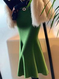 Skirts Women's Knitted Long For Women Fashion 2024 Autumn Winter Solid Color Green Vintage Slim A-LINE Woman