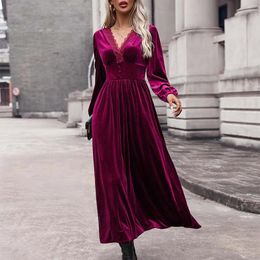 Casual Dresses Women Dress Autumn And Winter Velvet V-Neck Solid Colour Long-Sleeved Party Elegant Red Evening Gown Outfits
