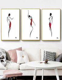 Modern Abstract Dancing Women Wall Art Canvas Painting BlackWhiteRed Line Drawing Art Painting Nordic Minimalist Wall Poster 3p3197403