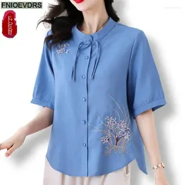 Women's Blouses L-5XL Loose Clothes 2024 Summer Bow Retro Tops Short Sleeve Women Solid Casual Button Cotton Linen Shirts