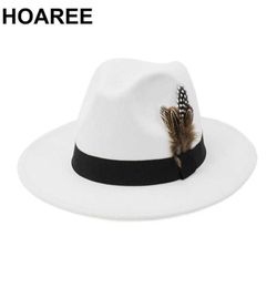 Hoaree White Wool Vintage Trilby Felt Fedora Hat with Feather Women Men Church Hats Wide Brim Male Female Autumn Jazz Caps Q08058887177
