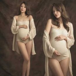 Maternity Tops Tees Sexy Maternity Bodysuits Robe Set Knitted Spaghetti Stretchy Maternity Photography Bodysuits Pregnancy Photo Shoot Jumpsuits H240518