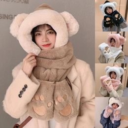 Berets Cartoon Color Matching Animal Plush Hat With Attached Scarf And Mittens Combo Warm Three Piece Set For Adults Kids Dropship
