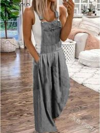 Women's Jeans Overalls Loose Women Summer Solid Pocket Denim Spring Female Street Versatile Simple Wide-leg Pants