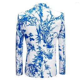 Men's Suits Mens Party Casual Blazer Print Blue Bamboo Pattern Design Slim Fit Clothing Printed Suit Jacket Wedding Dress Coat