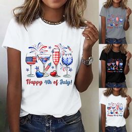 Women's T Shirts Fashionable Casual Independence Day Flag Wine Glass Printed Round Neck Short Sleeve Top Shirt