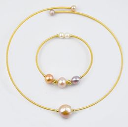Pendant Necklaces Freshwater Pearl Choker And Bangle Set Delicate 14K Gold Color Solid Easy Wearing Jewelry For Women1341872