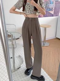 Women's Pants High Waist Women Suit Fall Straight Office Ladies Korean Dress Fashion Trousers Casual Button Loose Female Black