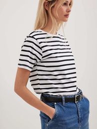 Women's T Shirts Striped T-shirt Short Sleeved Spring/Summer Versatile Simple Loose Pure Cotton Round Neck Shirt Women