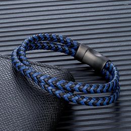 Charm Bracelets MKENDN Simple Style Men Braided Blue Brown And Black Leather Bracelet Matte Stainless Steel Button Accessories Jewelry