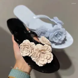 Slippers 2024 Summer Women's Flip Flops Brand Design Ladies 3D Camellia Flat Bottom Casual Beach Shoes Girls Jelly