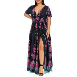 Basic Casual Dresses Plus Size Fashion Women Butterfly Printed V-Neck Short Slve Casual Long Dress Y240515