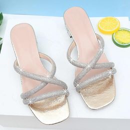 Slippers Rhinestone Cross Strap Open Toe Women's Sandals Thick Heel Crystal Sexy Slides Gold Bling Summer Party Shoes Flip Flops