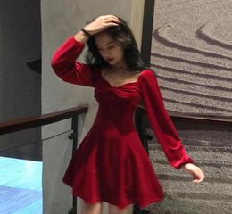 Casual Dresses 2021 Temperament Women039s Clothing Bow Empire Square Collar Solid Aline Vintage Style Spring Minidress Red In5218001