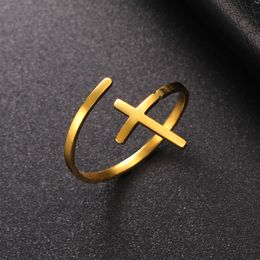 Open Cross Rings For Women Stainless Steel Minimalist Adjustable Finger Ring Amulet Christian Prayer Fashion Jewellery Gift