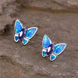 Stud Earrings Charm Female Small Blue Fire Opal Stone Butterfly Trendy Purple Silver Colour Wedding Jewellery For Women