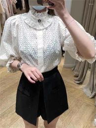 Women's Blouses Clearance Price Women Embroidered Stand Collar White Blouse French Ladies Sleeve Hollow Out Fashion Shirt And