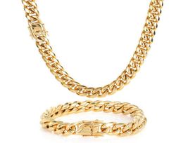 Cuban Link Chain Necklace Bracelet Jewelry Set 18K Real Gold Plated Stainless Steel Miami Necklace with Design Spring Buckle3063176