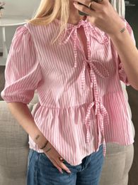 Women's Blouses Women Bow Tie-Up Front Tops Plaid/Striped Peplum Babydoll Blouse Half Puff Sleeve Crew Neck Lace Up Casual Shirt For Daily