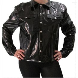 Women's Jackets Fetish Long Sleeve Glossy PVC Leather Womens Office Lady Turn-down Collar Button Top Coats With Pockets Wetlook Clubwear