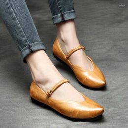 Casual Shoes Birkuir Retro Pointed Toe Women Mary Jane Button Slip On Genuine Leather 2024 Flats Soft Soles Luxury Original