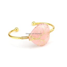 Charm Bracelets Wholesale Mtiple Shape Rose Quartz Stone Bracelet Wire Warp Natural Healing Gemstone Adjustable For Women Drop Deliv Dh37T