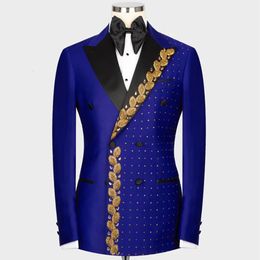 Royal Groom Wedding Tuxedos Gold Beads Lapel Mens Suits Custom Made Double Breasted Prom Blazer Pants 2 Pieces Man Party Dress 240517