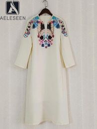 Casual Dresses AELESEEN High Quality Spring Autumn Sequined Dress For Women Design Fashion Beige Flower Embroidery V-Neck Colourful Elegant