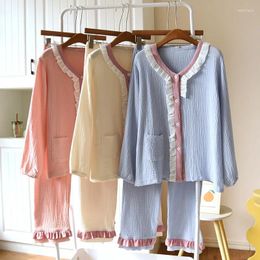 Home Clothing 2024 Cotton Crepe Solid Color Spliced V-neck Pajamas For Women Long Sleeves Trousers Two Piece Set Lace Loose Sexy Sleepwear