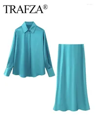 Work Dresses TRAFZA Female Chic Satin Loose Blue Blouses Vintage Long Sleeve Button-up Shirts Tops Women Folds Skirts 2 Piece Suit Mujer