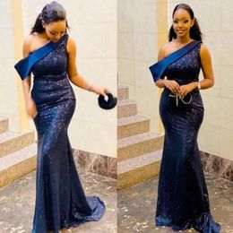 HOT Sparkle Navy Blue Mermaid Evening Dresses One Shoulder Sweep Train Sequined Women Formal Prom Party Gowns Special Occasion Gown Ves 2918